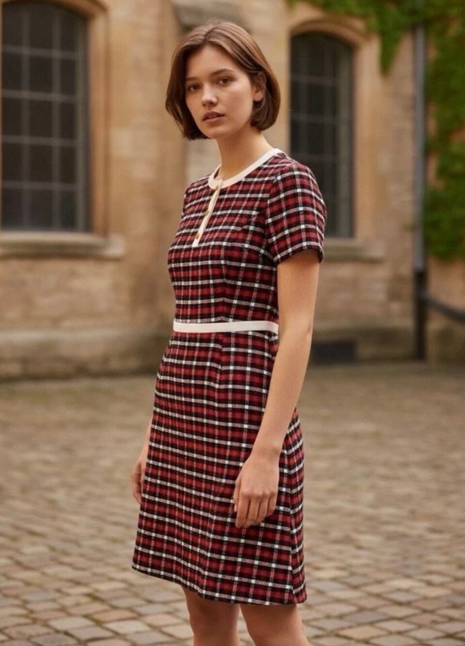Brooks Brothers Red Fleece Plaid Tweed Dress Sz 8 Lined Metal Buttons Timeless